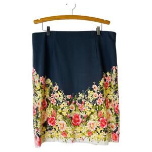 J Jill grey white pink floral stretch preppy cottagecore office midi skirt XLP